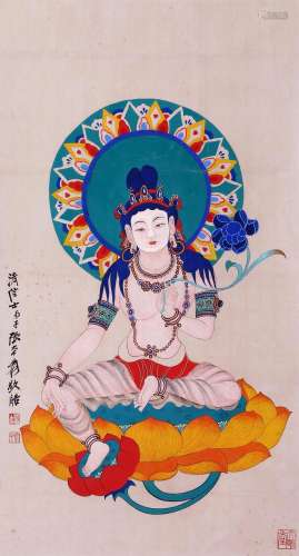 CHINESE SCROLL PAINTING OF SEATED GUANYIN SIGNED BY