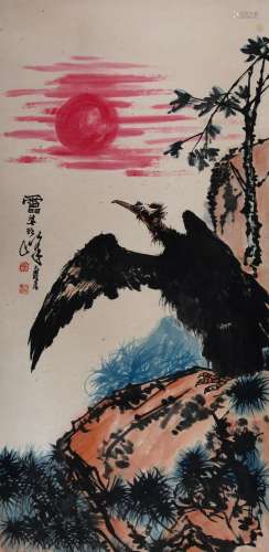 CHINESE SCROLL PAINTING OF EAGLE ON ROCK SIGNED BY PAN