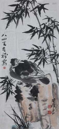 CHINESE SCROLL PAINTING OF EAGLE AND BAMBOO SIGNED BY