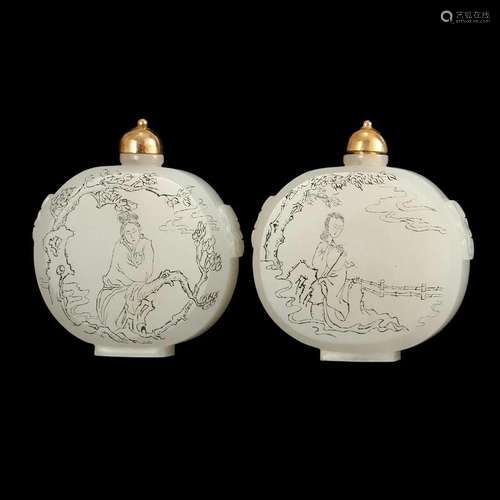 A PAIR OF WHITE JADE 'FIGURES' SNUFF BOTTLES