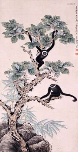 CHINESE SCROLL PAINTING OF MONKEY ON TREE SIGNED BY