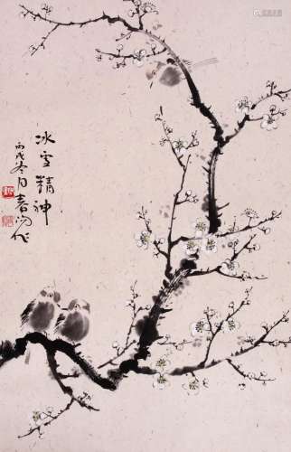 CHINESE SCROLL PAINTING OF BIRD AND FLOWER SIGNED BY