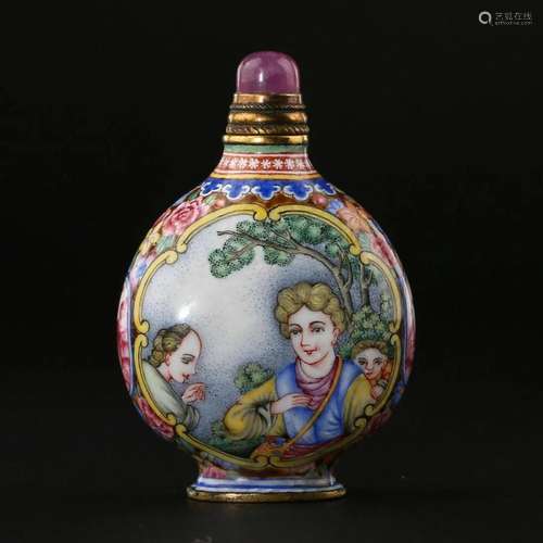 AN ENAMELLED BRONZE 'FIGURES' SNUFF BOTTLE