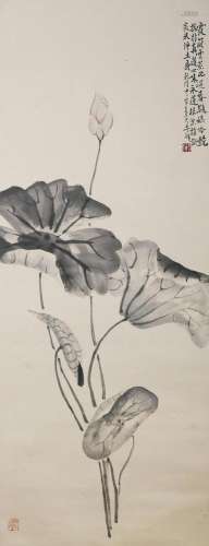 CHINESE SCROLL PAINTING OF LOTUS SIGNED BY LI TUO