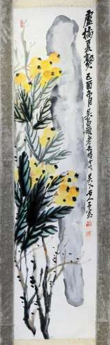 CHINESE SCROLL PAINTING OF FLOWER AND ROCK SIGNED BY WU