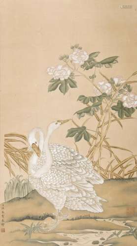 CHINESE SCROLL PAINTING OF GOOSE AND FLOWER SIGNED BY
