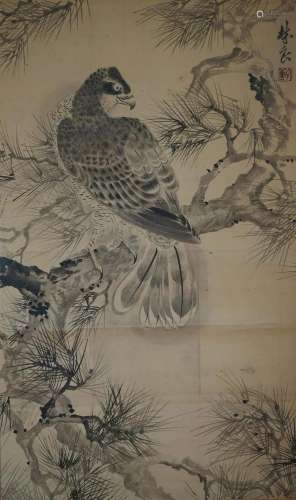 CHINESE SCROLL PAINTING OF EAGLE IN PINE SIGNED BY LIN