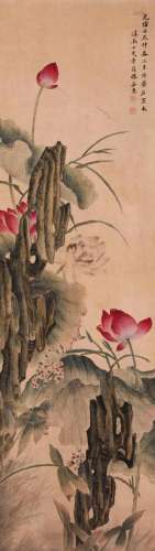 CHINESE SCROLL PAINTING OF LOTUS SIGNED BY MIU JIAHUI