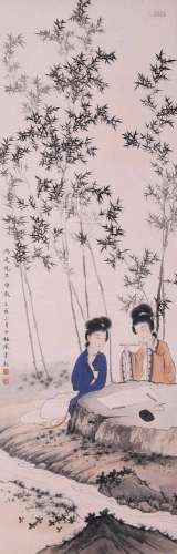 CHINESE SCROLL PAINTING OF BEAUTY IN BAMBOO SIGNED BY