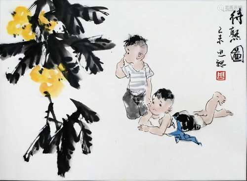 CHINESE SCROLL PAINTING OF BOY UNDER TREE SIGNED BY