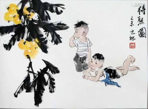 CHINESE SCROLL PAINTING OF BOY UNDER TREE SIGNED BY