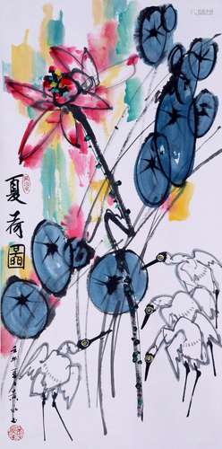 CHINESE SCROLL PAINTING OF CRANE AND LOTUS SIGNED BY