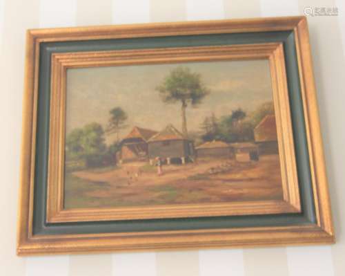 An Oil On Canvas. African Village Scene