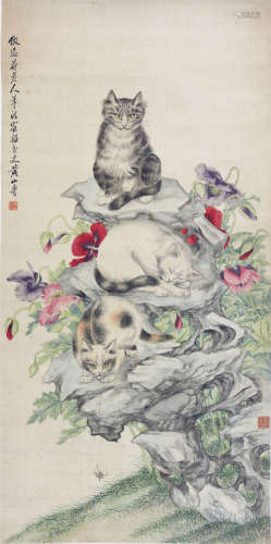 黄山寿 猫趣图 绢本立轴