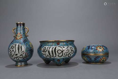 CHINESE CLOISONNE CENSER SET , 8.5X14.5CM,9.7X6.5CM,14.2X8.1...