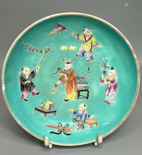 CHINESE FAMILLE ROSE DISH , HAND PAINTED BOYS ,D 15.5CM