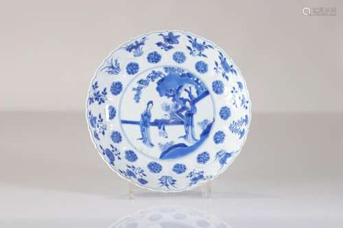 Blanc-bleu plate 18th century garden scene Kangxi mark and p...