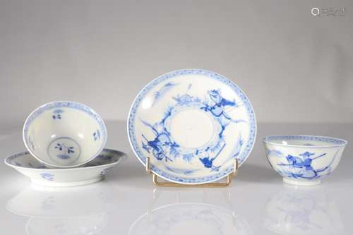 China pair of blanc bleu porcelain bowls decorated with ride...