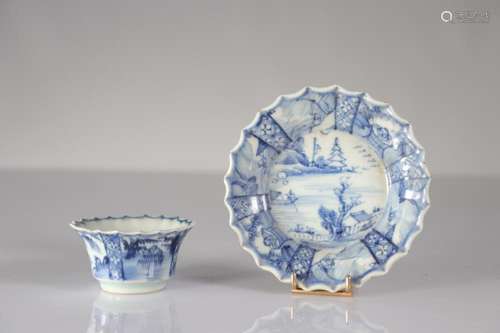 China bowl and saucer white blue landscape decor