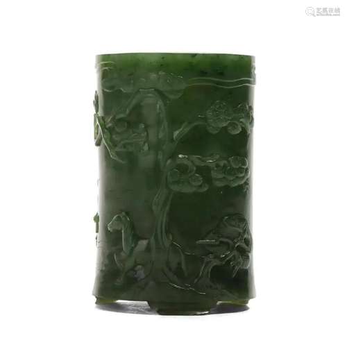 A SPINACH-GREEN JADE BRUSHPOT