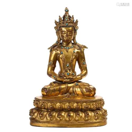 A GILT-BRONZE FIGURE OF AMITAYUS, TIBET