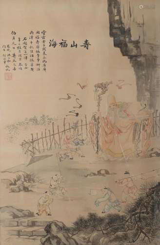 China drawing "deity" carrying a peach surrounded ...