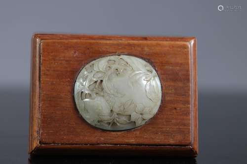 China Huanghuali wooden box inlaid with Qing period jade pla...