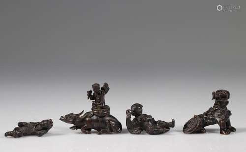 China scholar objects (4) in black patina bronze Qing period