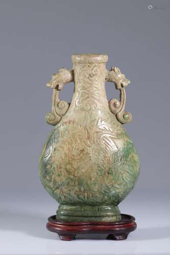 China - Large hard green stone vase on wooden base - 20th C.