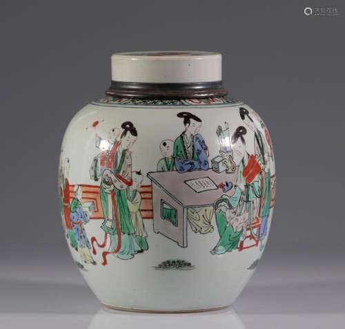 China covered vase of the green family decorated with charac...