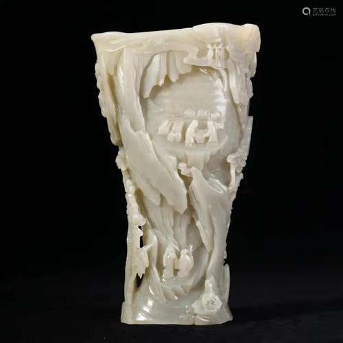 A WHITE JADE 'LANDSCAPE AND FIGURES' VASE, CHINA