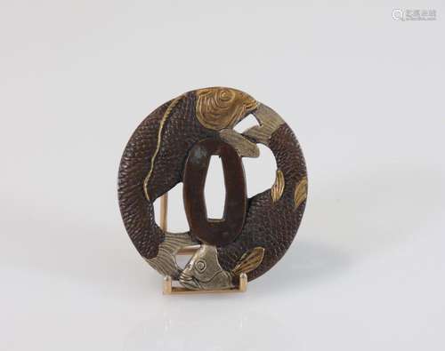 Japan bronze tsuba decorated with carp