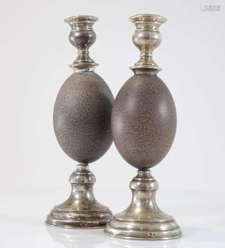 Pair of ostrich egg and solid silver candlesticks XIX