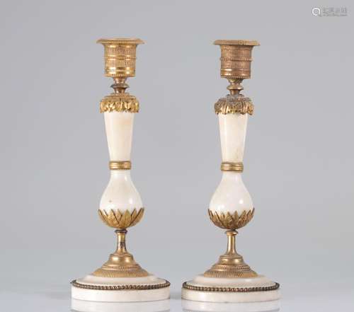 Pair of Louis XVI marble and bronze candlesticks