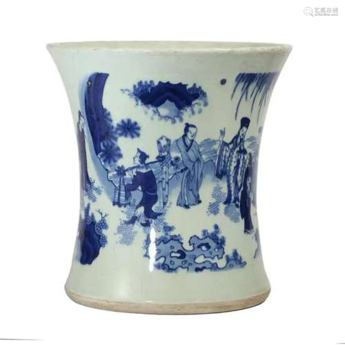 A BLUE AND WHITE 'FIGURES' BRUSHPOT