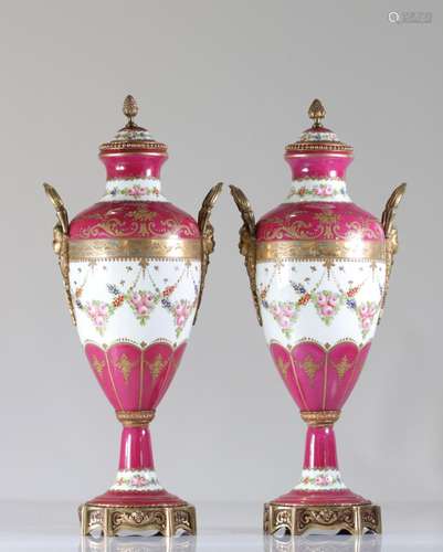 Sevres porcelain pair of covered vases bronze mount 19th