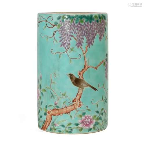 A FAMILLE ROSE 'BIRDS AND FLOWERS' BRUSHPOT