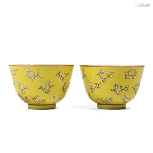 A PAIR OF YELLOW-GROUND FLORAL CUPS