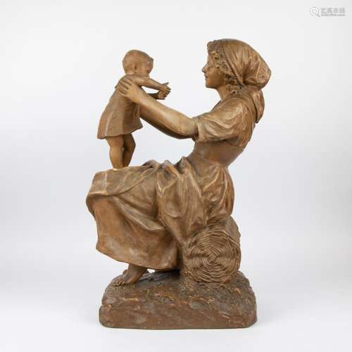 Patinated plaster Mother with child signed Dublanc