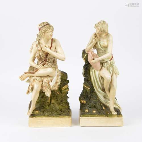 Pair of Royal Dux porcelain statues Hunter and Woman with ju...