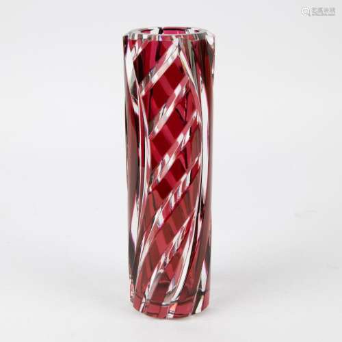 Val Saint Lambert Art Deco tube vase in colorless and red cu...