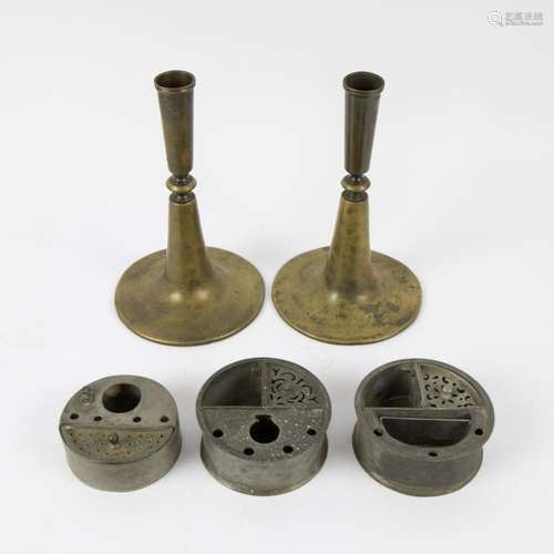 A collection of 3 pewter inkwells, 19th century and 2 bronze...