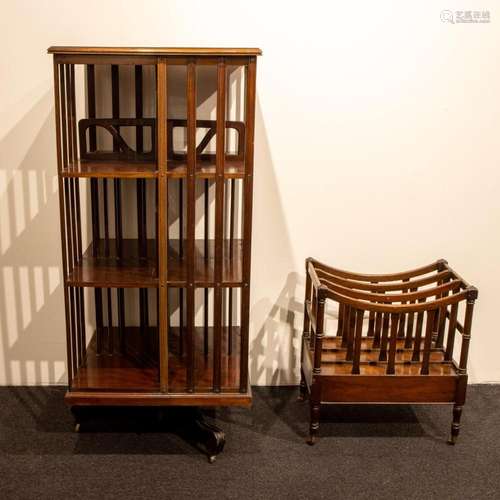 English mahogany revolving bookcase and newspaper rack