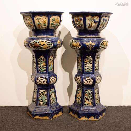 2 Chinese ceramic polychrome glazed flower stands with flowe...