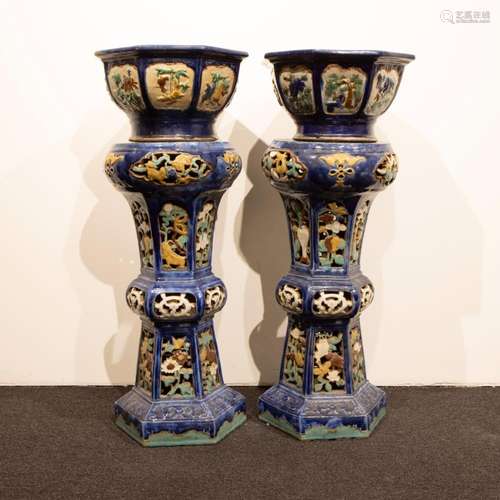 2 Chinese ceramic polychrome glazed flower stands with flowe...