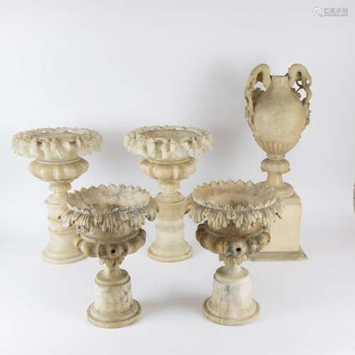 Collection of 4 alabaster coupes on foot and vase on foot