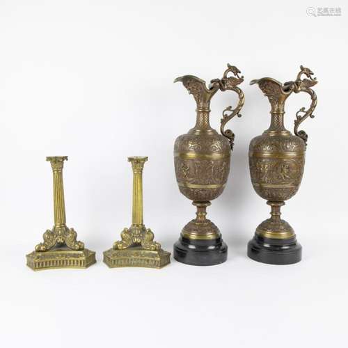 Pair antique French Empire gilt bronze candlesticks and a pa...