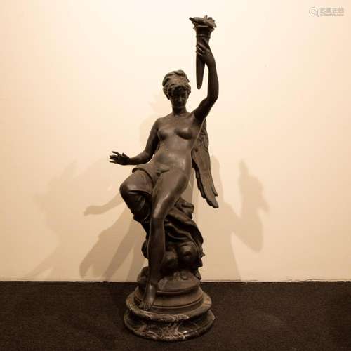 Angel with torch on a marble base in art bronze, signed Beer