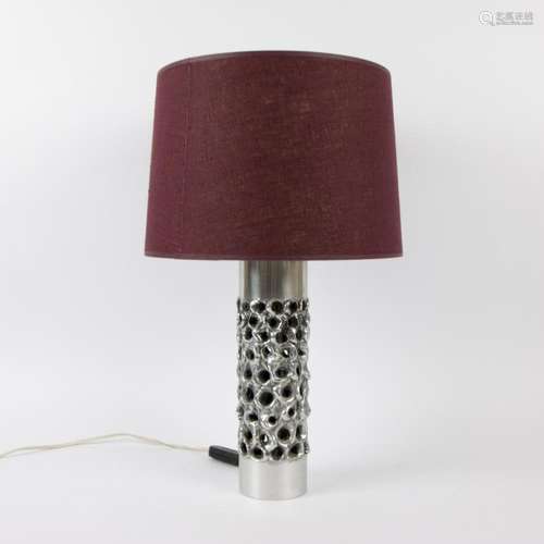 Vintage sixties floor lamp in worked aluminum with mauve fab...