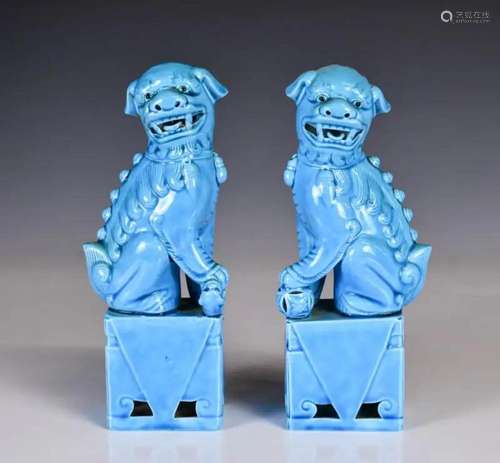 A Pair Of Blue Glazed Foo Lion Ornaments 1950-60s